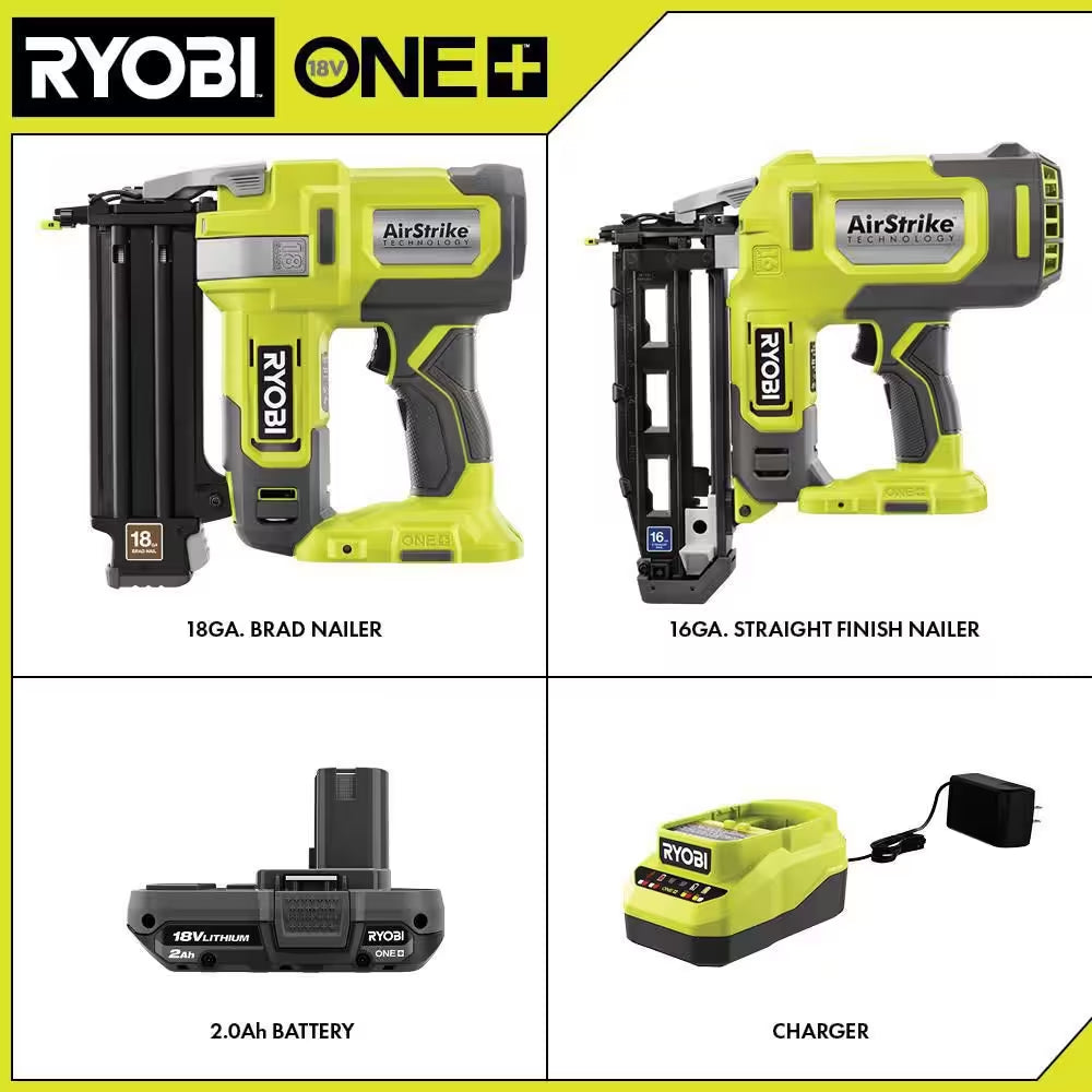 ONE+ 18V Cordless 18-Gauge Brad Nailer with 16-Gauge Straight Finish Nailer, 2.0 Ah Battery, and Charger