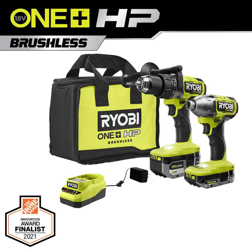 ONE+ HP 18V Brushless Cordless 1/2 In. Hammer Drill and 1/4 in 4-Mode Impact Driver Kit W/ (2) Batteries, Charger, & Bag