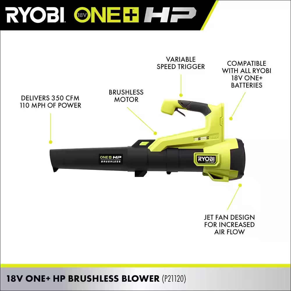 ONE+ HP 18V Brushless 110 MPH 350 CFM Cordless Variable-Speed Jet Fan Leaf Blower (Tool Only)