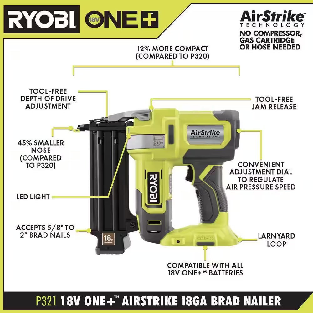 ONE+ 18V Cordless 18-Gauge Brad Nailer with 16-Gauge Straight Finish Nailer, 2.0 Ah Battery, and Charger