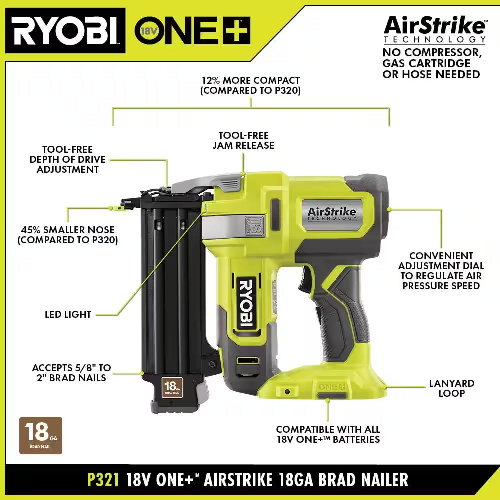 ONE+ 18V 18-Gauge Cordless Airstrike Brad Nailer (Tool Only)