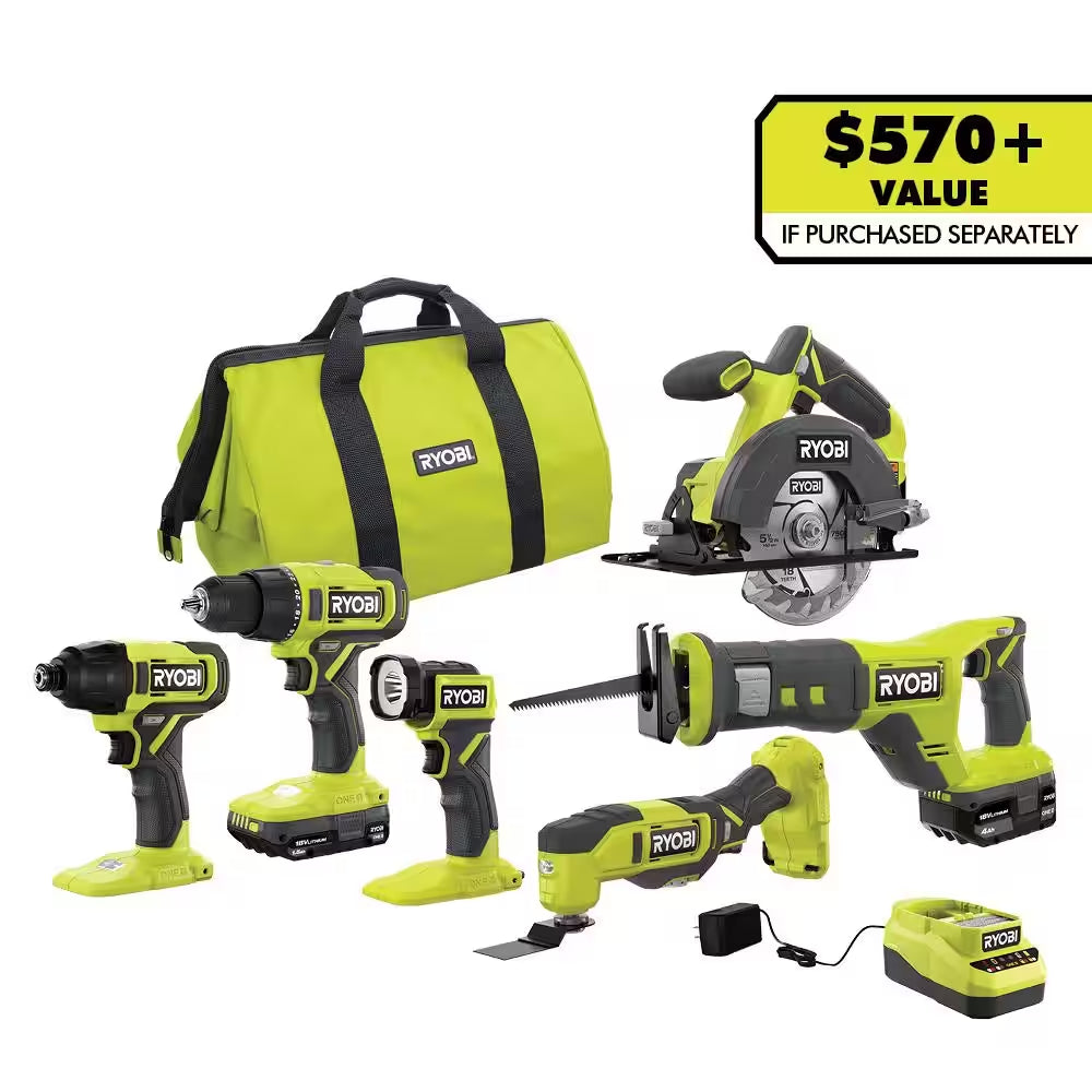 ONE+ 18V Cordless 6-Tool Combo Kit with 1.5 Ah Battery, 4.0 Ah Battery, and Charger