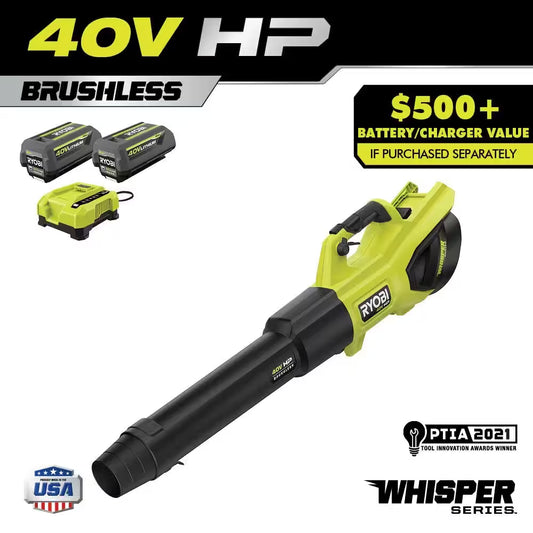 40V HP Brushless Whisper Series 190 MPH 730 CFM Cordless Battery Jet Fan Leaf Blower with (2) 4.0 Ah Batteries & Charger