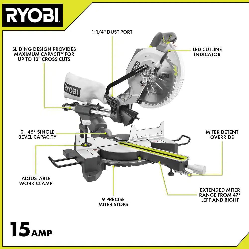 15 Amp 10 In. Corded Sliding Compound Miter Saw with LED Cutline Indicator