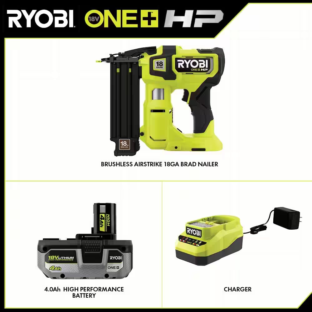 ONE+ HP 18V 18-Gauge Brushless Cordless Airstrike Brad Nailer Kit with 4.0 Ah Battery and Charger