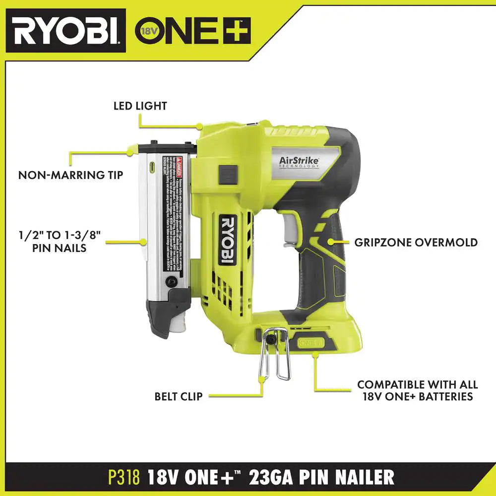 ONE+ 18V Cordless Airstrike 23-Gauge 1-3/8 In. Headless Pin Nailer Kit with 2.0 Ah Battery and Charger