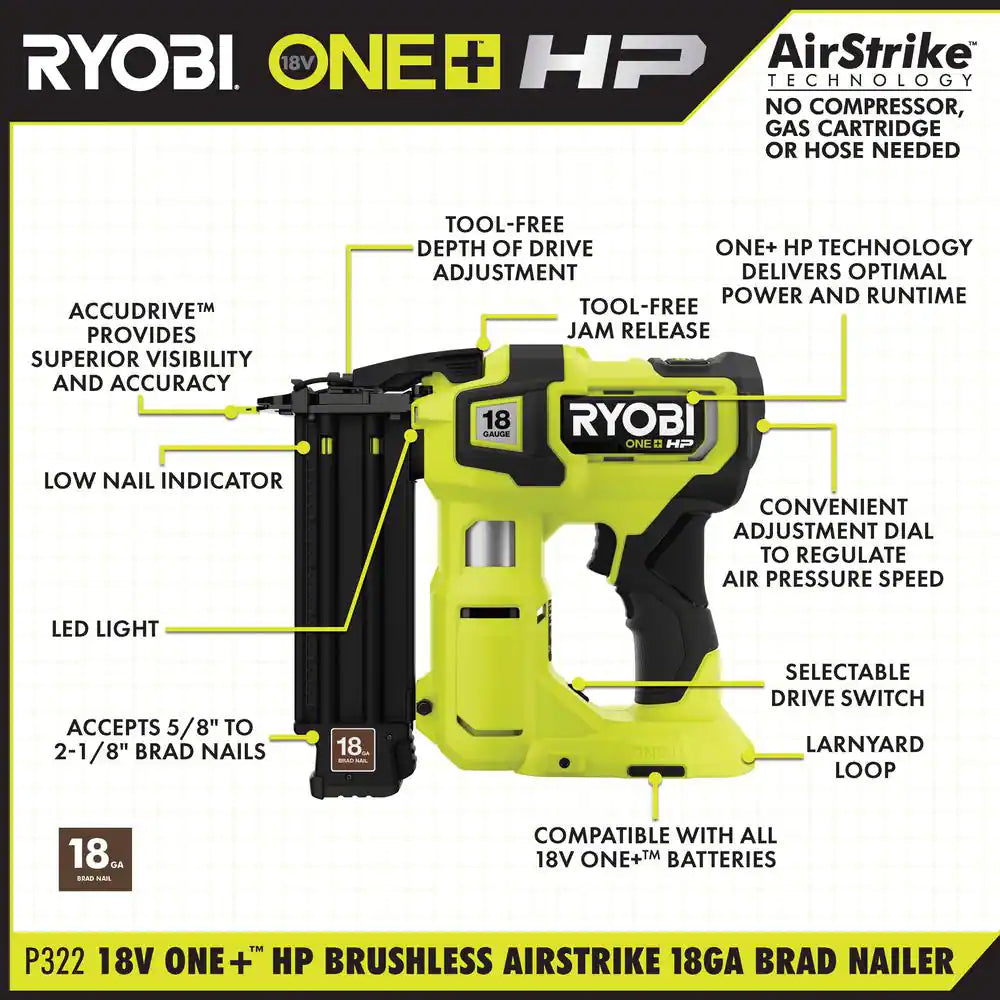 ONE+ HP 18V 18-Gauge Brushless Cordless Airstrike Brad Nailer (Tool Only)