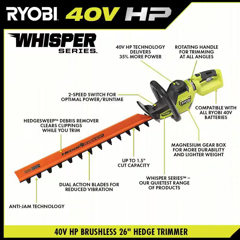 40V HP Brushless Whisper Series 26 In. Cordless Battery Hedge Trimmer with 2.0 Ah Battery and Charger