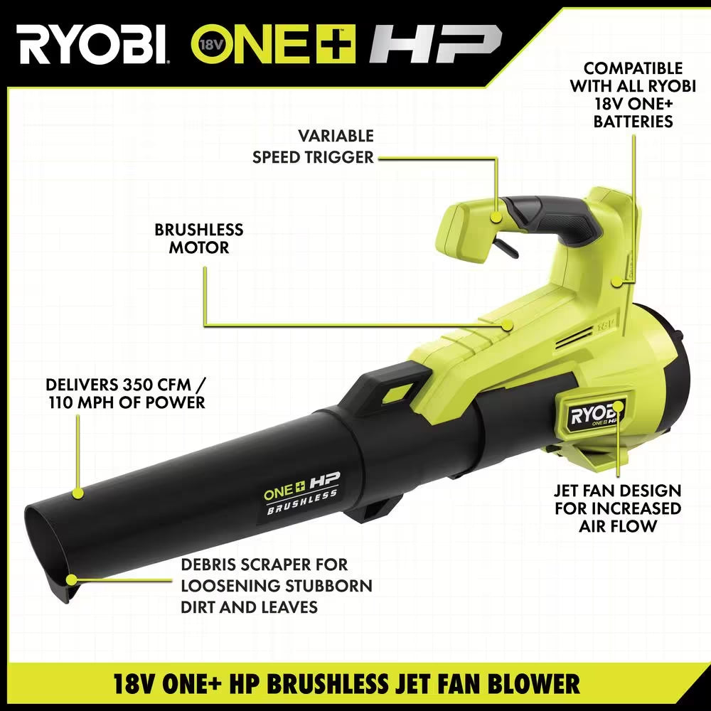 ONE+ HP 18V Brushless 110 MPH 350 CFM Cordless Variable-Speed Jet Fan Leaf Blower W/ 4.0 Ah Battery and Charger