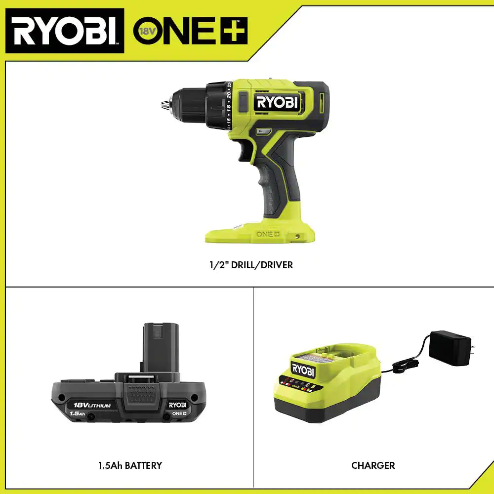 ONE+ 18V Cordless 1/2 In. Drill/Driver Kit with (1) 1.5 Ah Battery and Charger