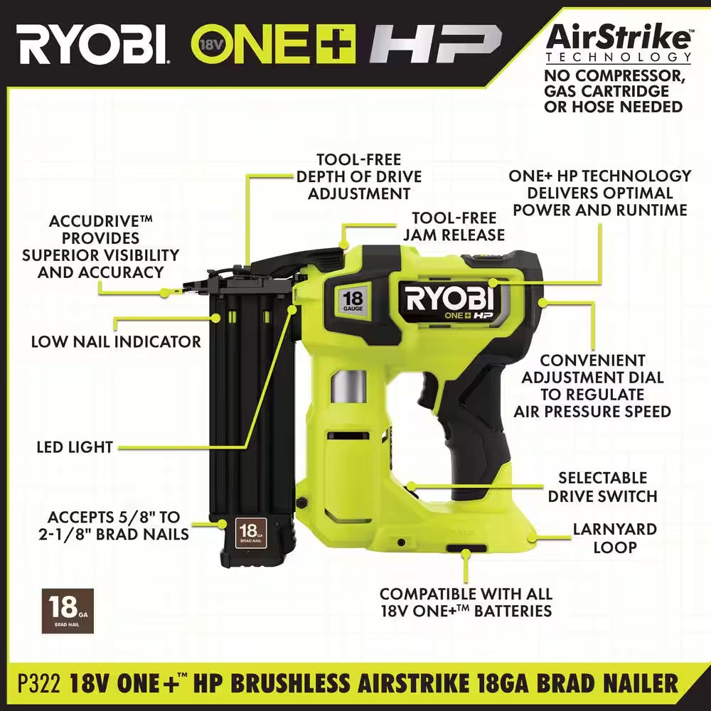 ONE+ HP 18V 18-Gauge Brushless Cordless Airstrike Brad Nailer Kit with 4.0 Ah Battery and Charger