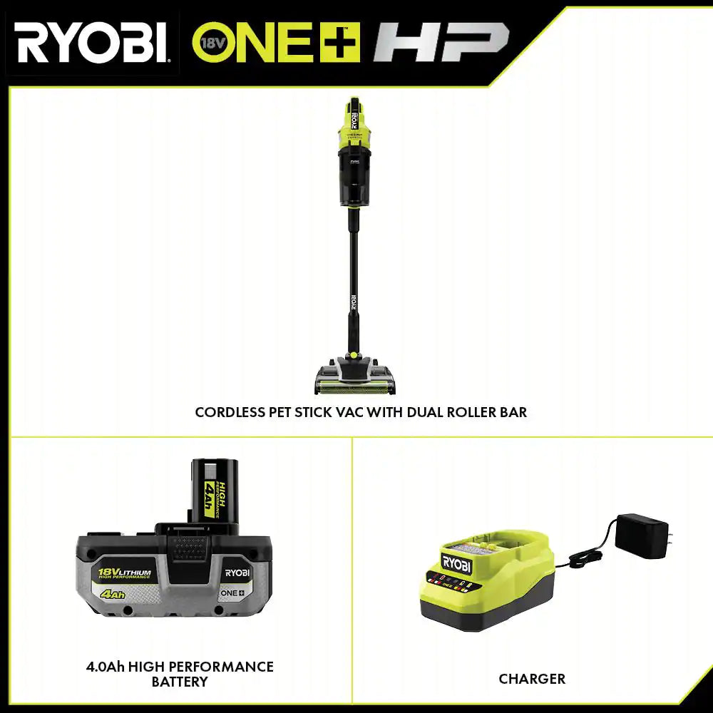 ONE+ HP 18V Brushless Cordless Pet Stick Vac with Kit with Dual-Roller, 4.0 Ah HIGH PERFORMANCE Battery, and Charger