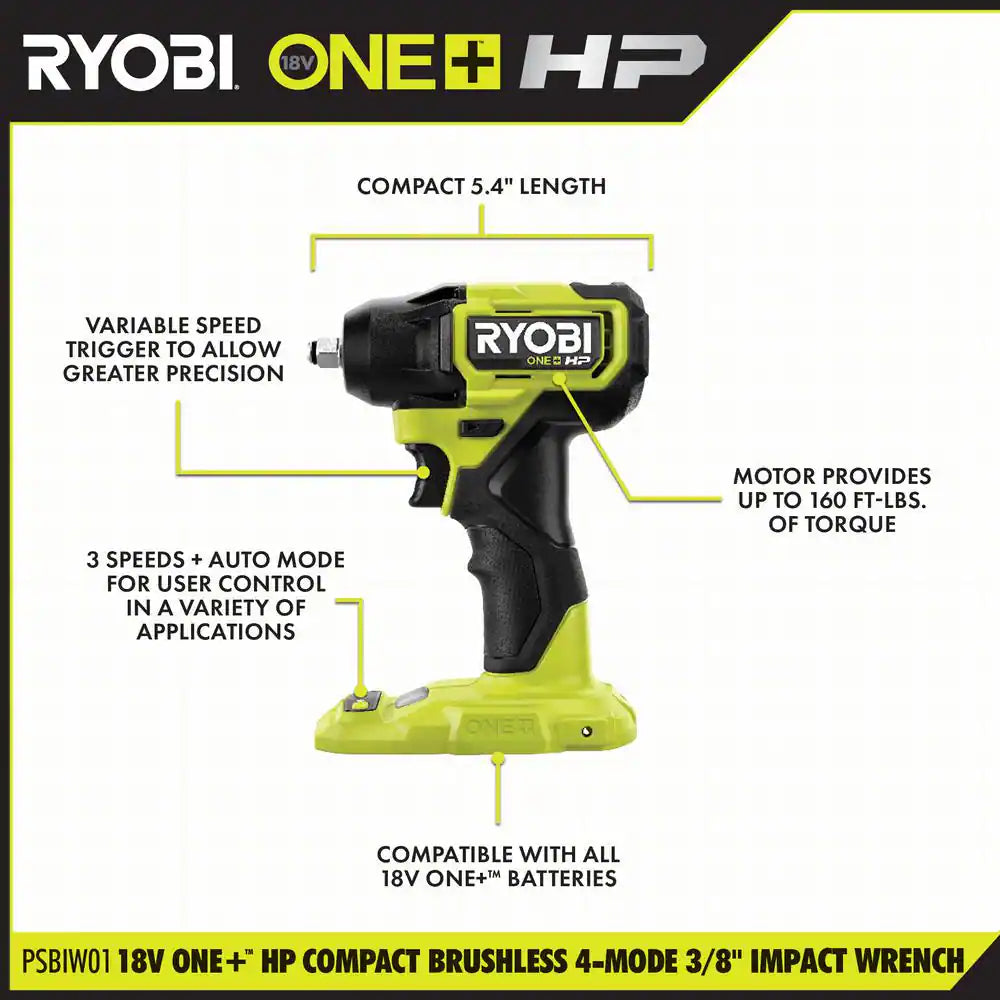 ONE+ HP 18V Brushless Cordless Compact 3/8 In. Impact Wrench Kit with 1.5 Ah Battery and 18V Charger