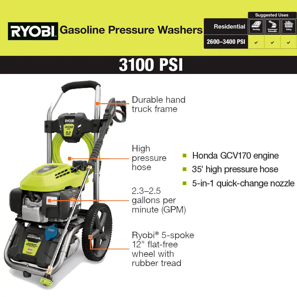 3100 PSI 2.3 GPM Cold Water Gas Pressure Washer with Honda GCV167 Engine