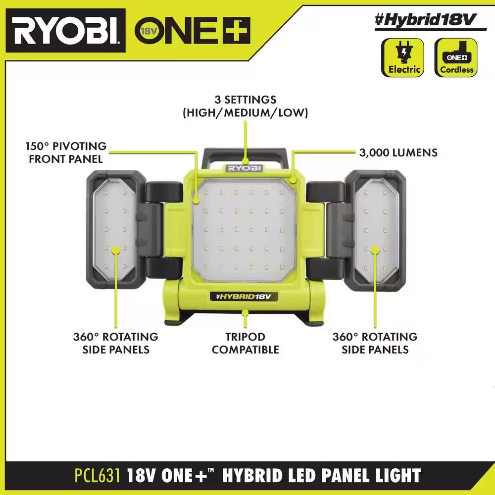 ONE+ 18V Cordless Hybrid LED Panel Light Kit with HIGH PERFORMANCE Lithium-Ion 4.0 Ah Battery and Charger Kit