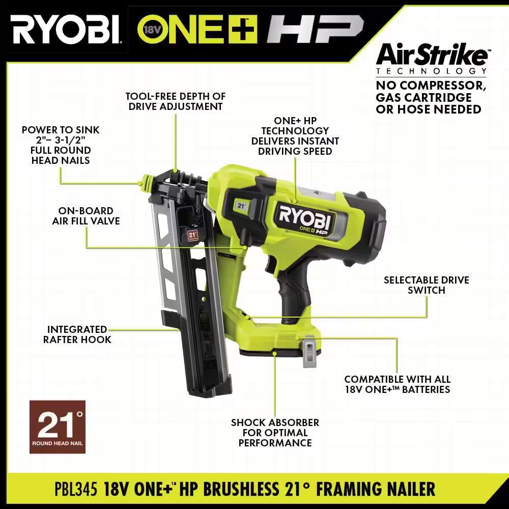 ONE+ HP 18V Brushless Cordless Airstrike 21° Framing Nailer (Tool Only)