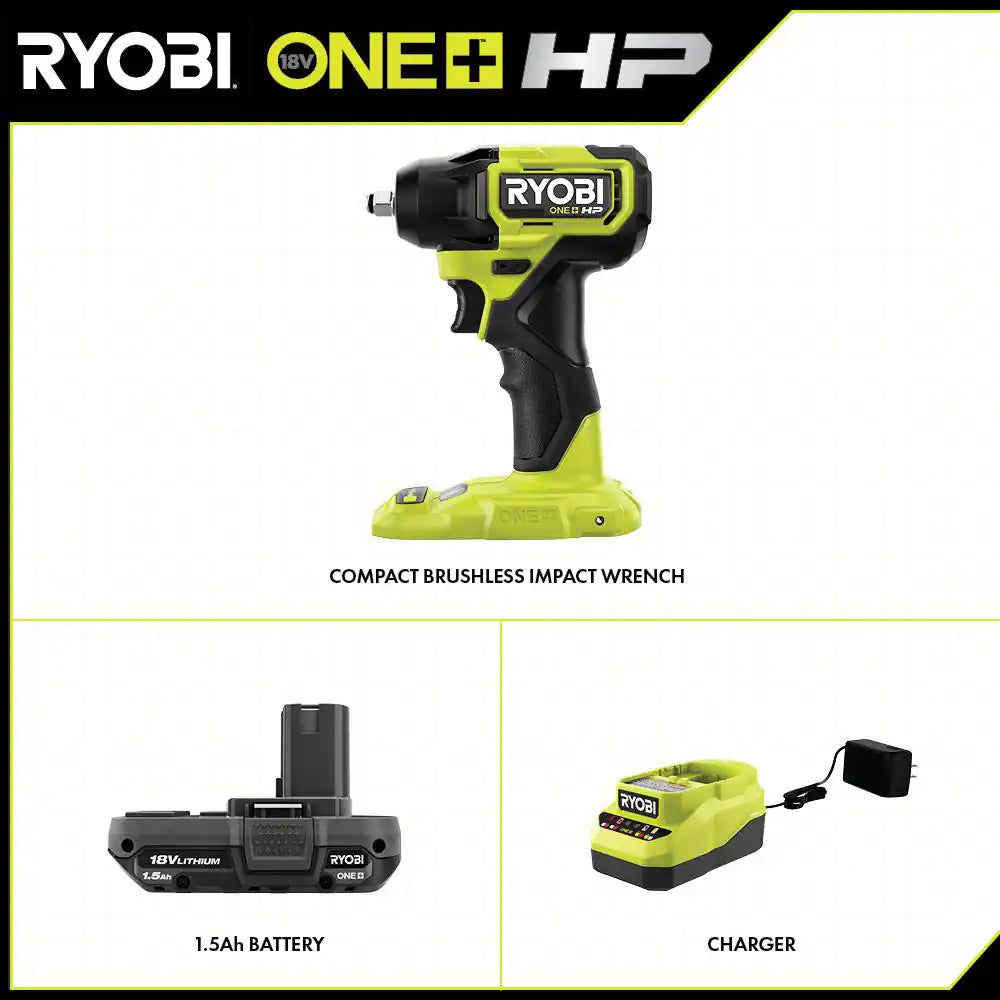 ONE+ HP 18V Brushless Cordless Compact 3/8 In. Impact Wrench Kit with 1.5 Ah Battery and 18V Charger