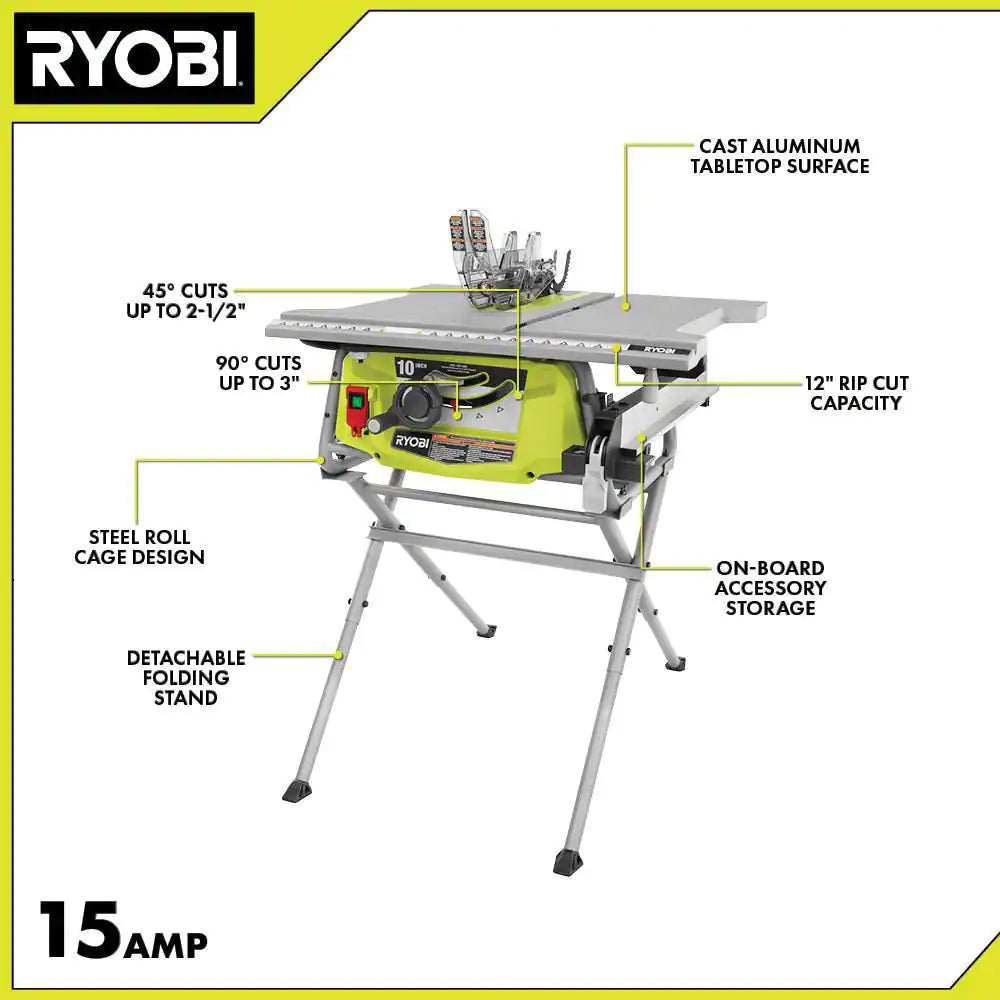 15 Amp 10 In. Compact Portable Corded Jobsite Table Saw with Folding Stand