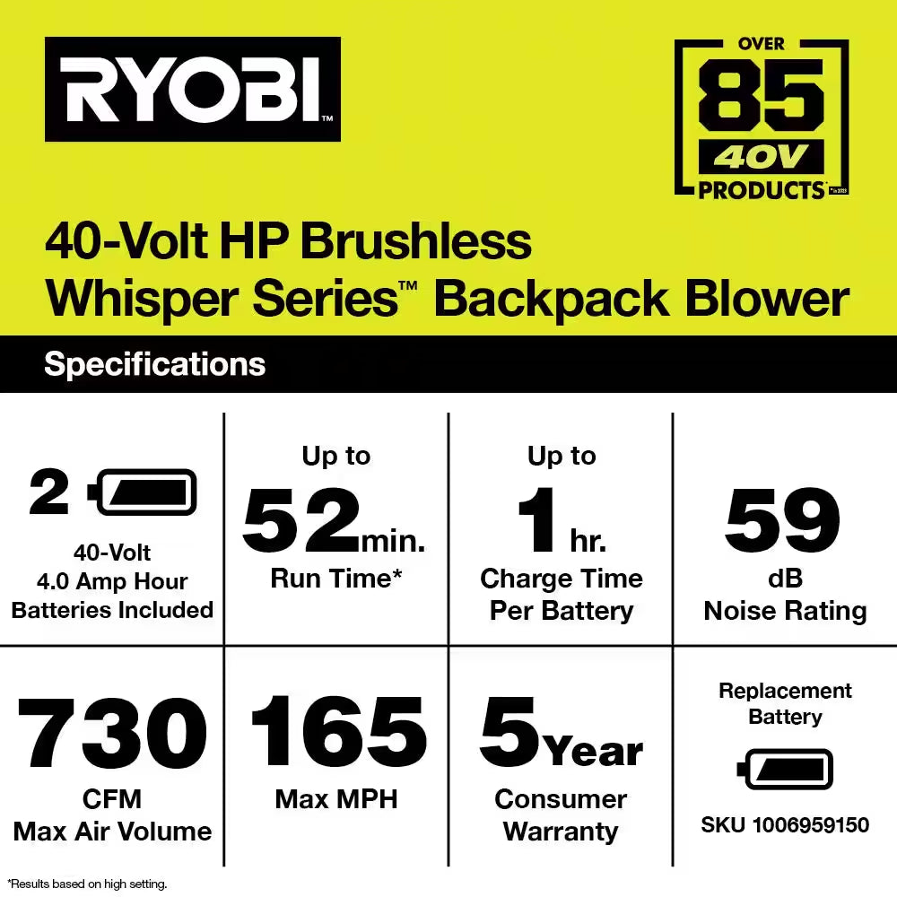 40V HP Brushless Whisper Series 165 MPH 730 CFM Cordless Battery Backpack Blower with (2) 6.0 Ah Batteries and Charger