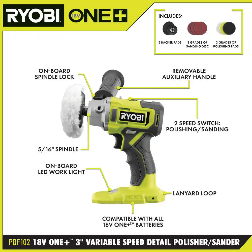 ONE+ 18V Cordless 3 In. Variable Speed Detail Polisher/Sander Kit with (1) 2.0 Ah Battery and Charger