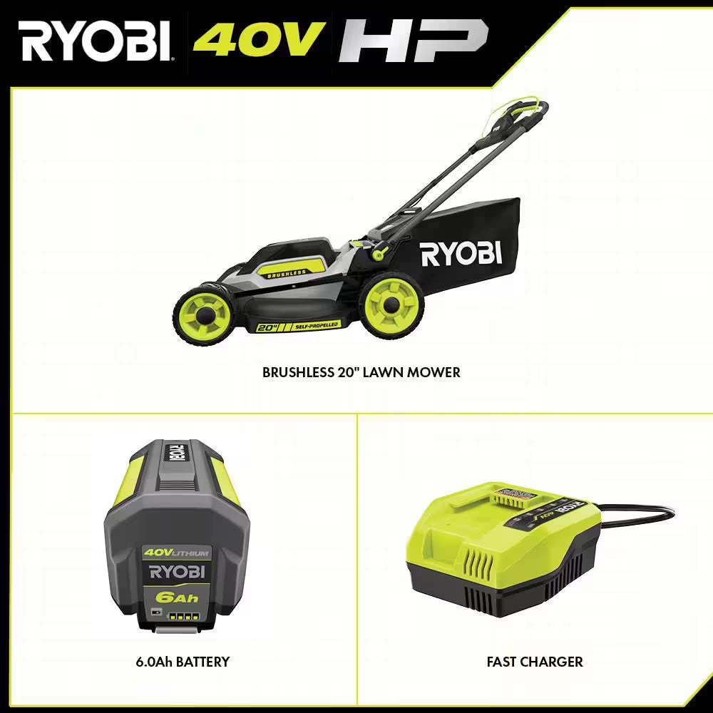 40V HP Brushless 20 In. Cordless Electric Battery Walk behind Self-Propelled Mower with 6.0 Ah Battery and Charger