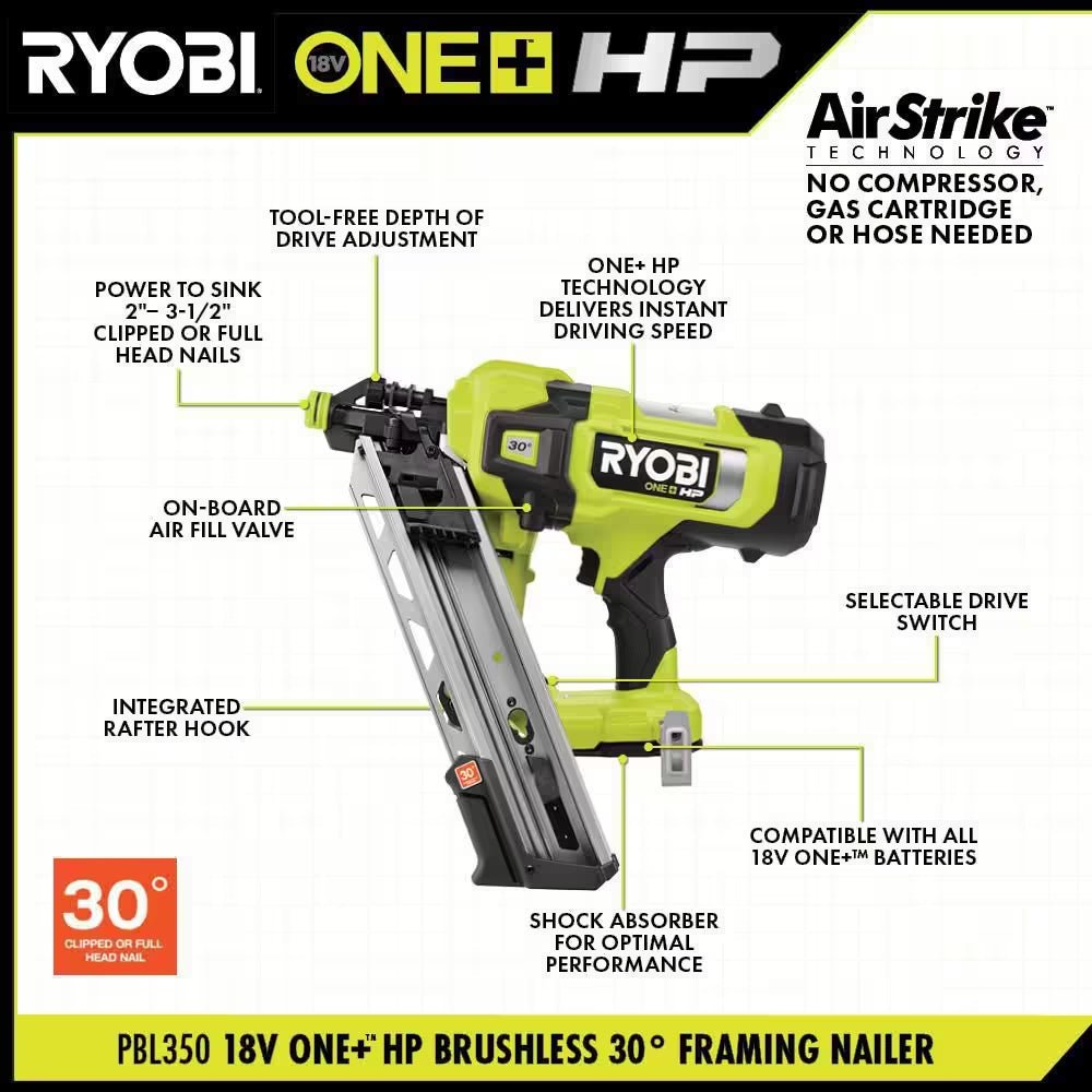 ONE+ HP 18V Brushless Cordless Airstrike 30° Framing Nailer Kit with 4.0 Ah HIGH PERFORMANCE Battery and Charger