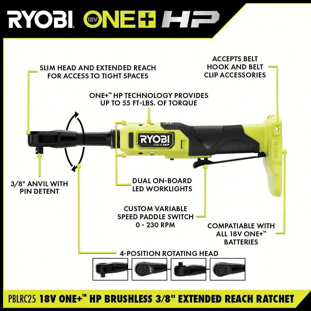 ONE+ 18V Brushless Cordless 2-Tool Combo Kit W/1/4 in Extended Reach Ratchet & 3/8 in Extended Reach Ratchet (Toolsonly)