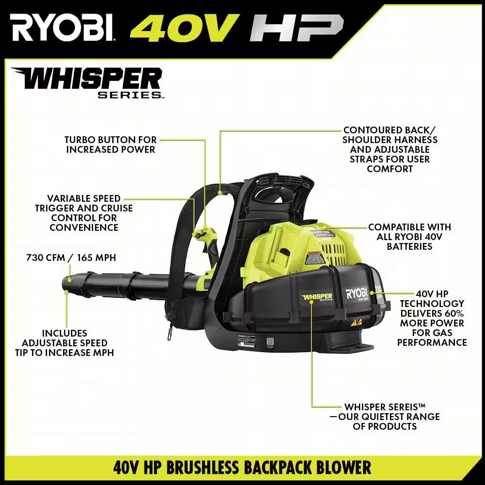 40V HP Brushless Whisper Series 165 MPH 730 CFM Cordless Battery Backpack Blower with (2) 6.0 Ah Batteries and Charger