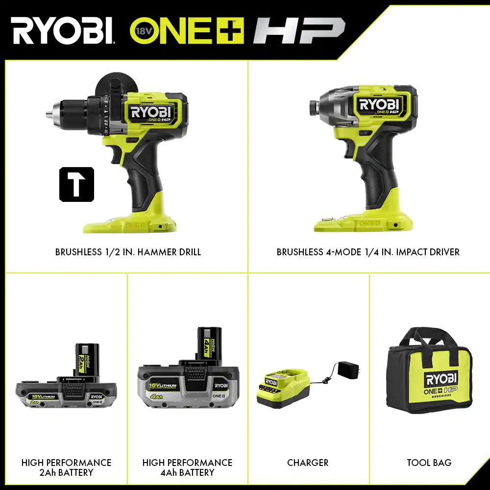 ONE+ HP 18V Brushless Cordless 1/2 In. Hammer Drill and 1/4 in 4-Mode Impact Driver Kit W/ (2) Batteries, Charger, & Bag