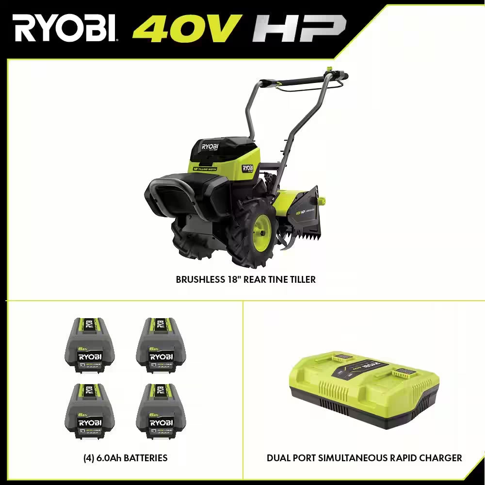 40V HP Brushless 18 In. Battery Powered Rear Tine Tiller with (4) 6.0 Ah Batteries and Charger