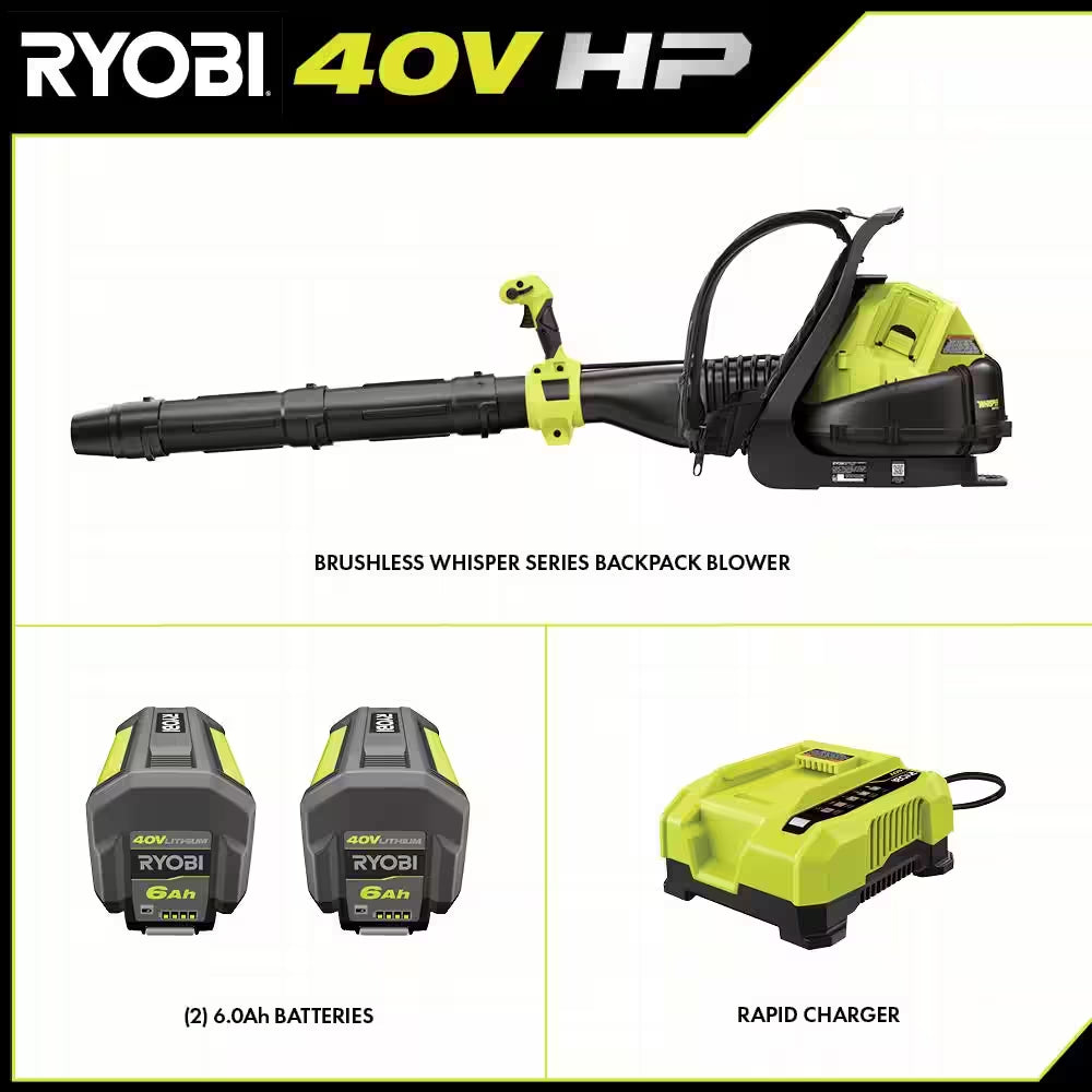 40V HP Brushless Whisper Series 165 MPH 730 CFM Cordless Battery Backpack Blower with (2) 6.0 Ah Batteries and Charger