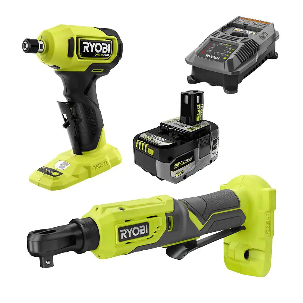 ONE+ 18V Cordless 2-Tool Combo Kit with 3/8 In. Ratchet, 1/4 In. Right Angle Die Grinder, (1) 4.0 Ah Battery and Charger