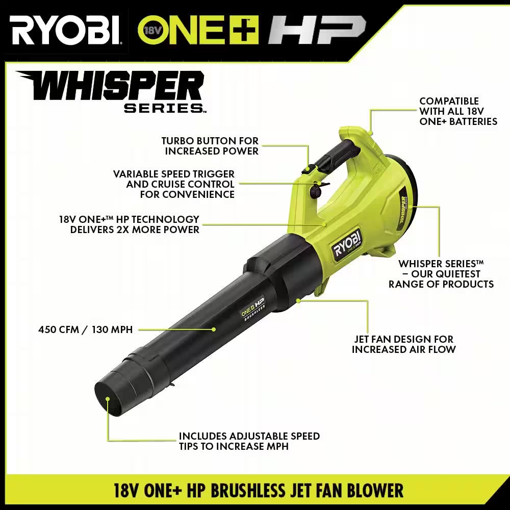 ONE+ HP 18V Brushless Whisper Series 130 MPH 450 CFM Cordless Battery Leaf Blower (Tool Only)