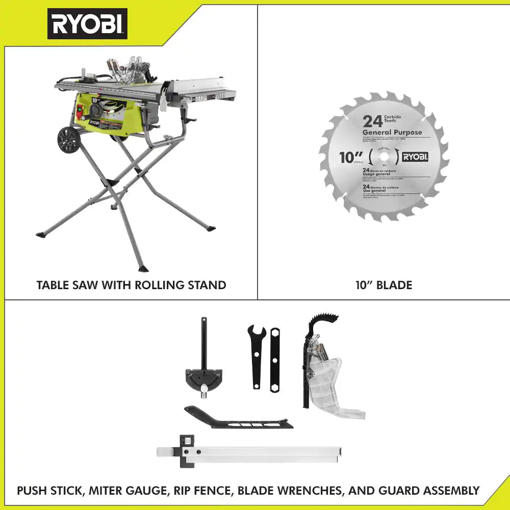 15 Amp 10 In. Expanded Capacity Portable Corded Table Saw with Rolling Stand