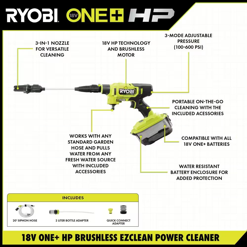 ONE+ HP 18V Brushless Ezclean 600 PSI 0.7 GPM Cordless Battery Cold Water Power Cleaner with 4.0 Ah Battery and Charger