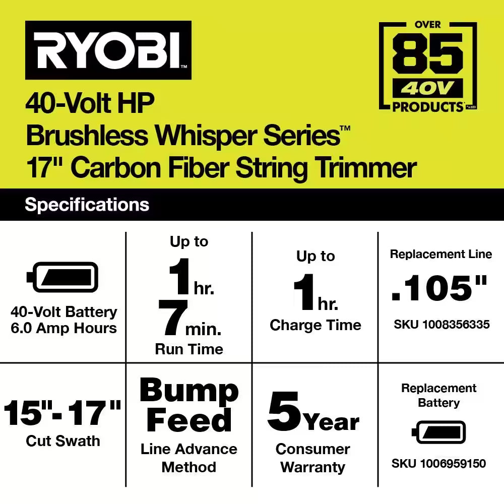 40V HP Brushless Whisper Series 17 In. Cordless Battery Carbon Fiber Shaft String Trimmer W/ 6.0 Ah Battery & Charger