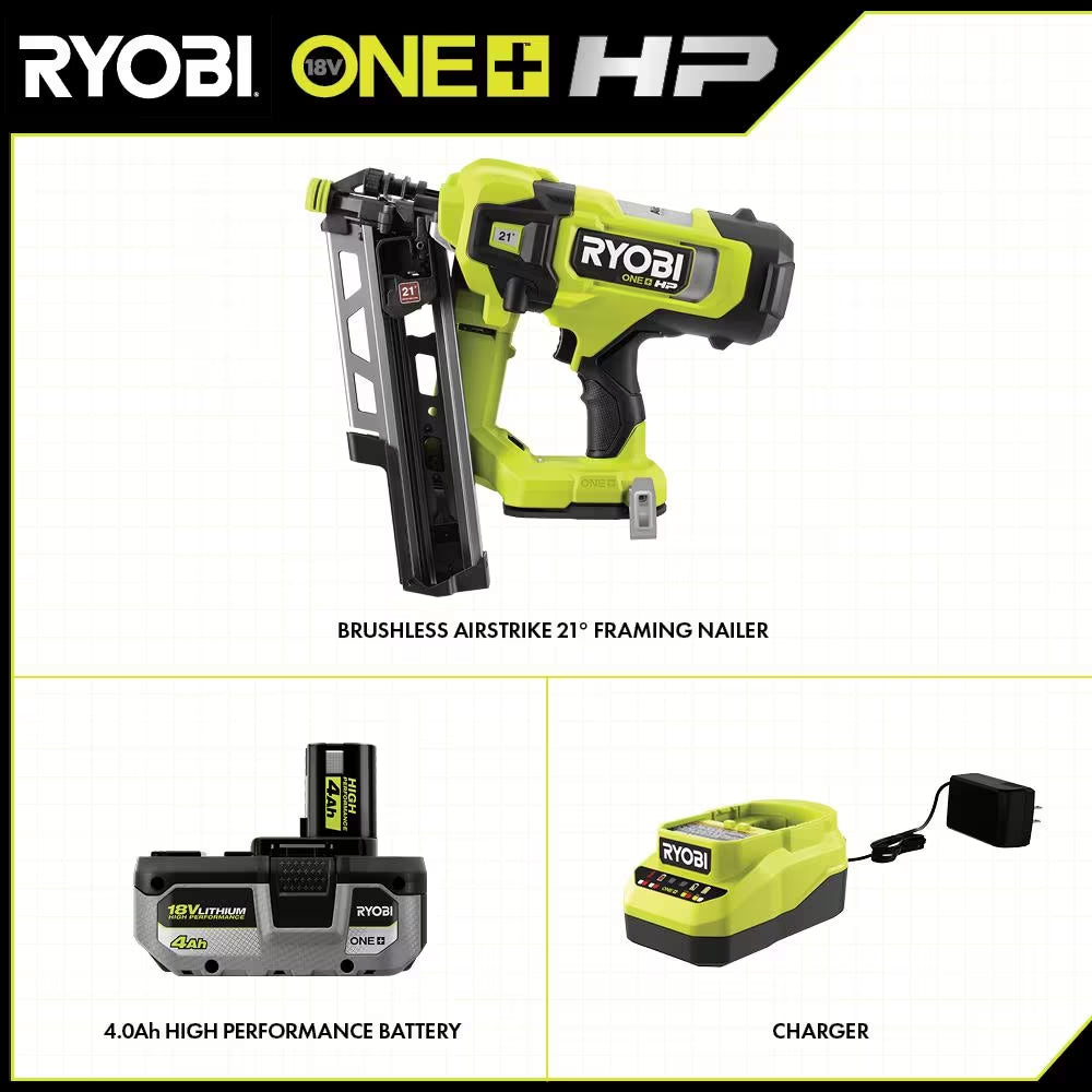 ONE+ HP 18V Brushless Cordless Airstrike 21° Framing Nailer Kit with 4.0 Ah Battery and Charger