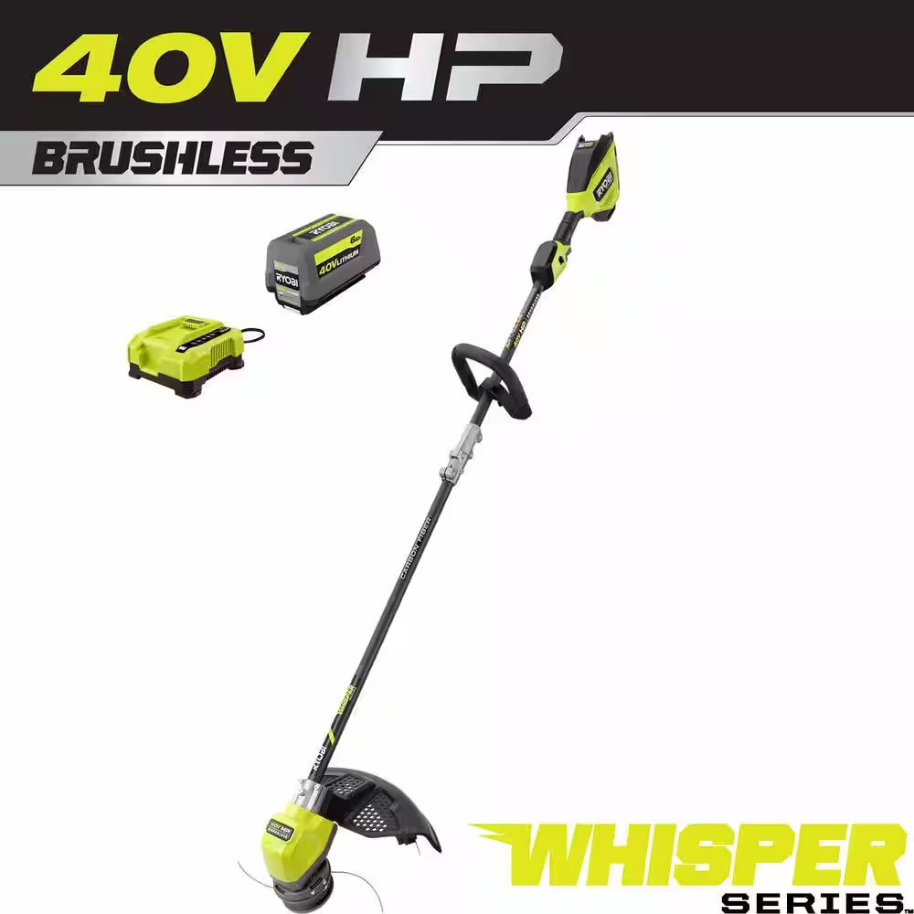 40V HP Brushless Whisper Series 17 In. Cordless Battery Carbon Fiber Shaft String Trimmer W/ 6.0 Ah Battery & Charger