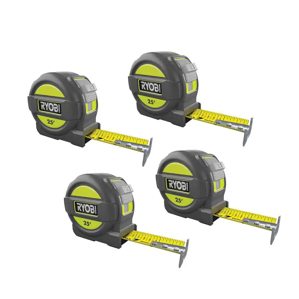 25 Ft. Tape Measure with Overmold and Wireform Belt Clip (4-Pack)