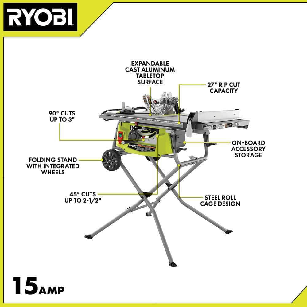 15 Amp 10 In. Expanded Capacity Portable Corded Table Saw with Rolling Stand