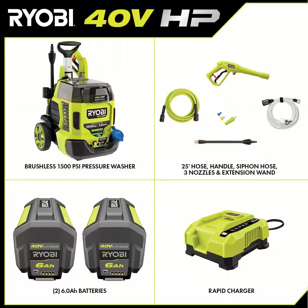 40V HP Brushless Whisper Series 1500 PSI 1.2 GPM Cold Water Electric Pressure Washer W/ (2) 6.0 Ah Batteries and Charger