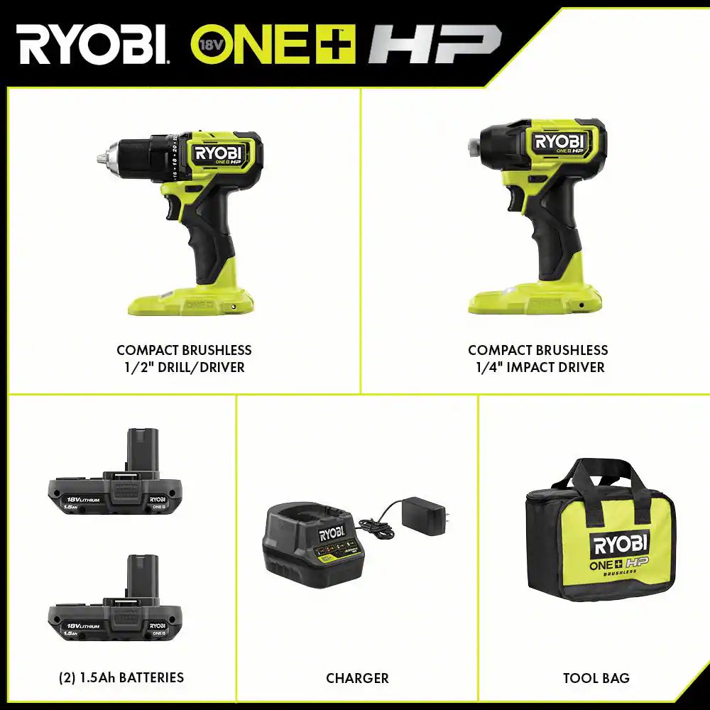 ONE+ HP 18V Brushless Cordless Compact 1/2 In. Drill and Impact Driver Kit with (2) 1.5 Ah Batteries, Charger and Bag