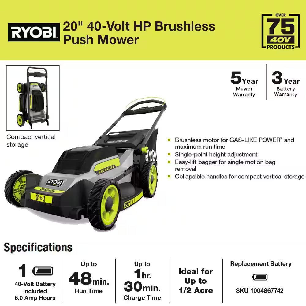 40V HP Brushless 20 In. Cordless Battery Walk behind Push Mower with 6.0 Ah Battery and Charger