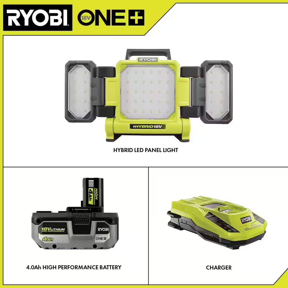 ONE+ 18V Cordless Hybrid LED Panel Light Kit with HIGH PERFORMANCE Lithium-Ion 4.0 Ah Battery and Charger Kit