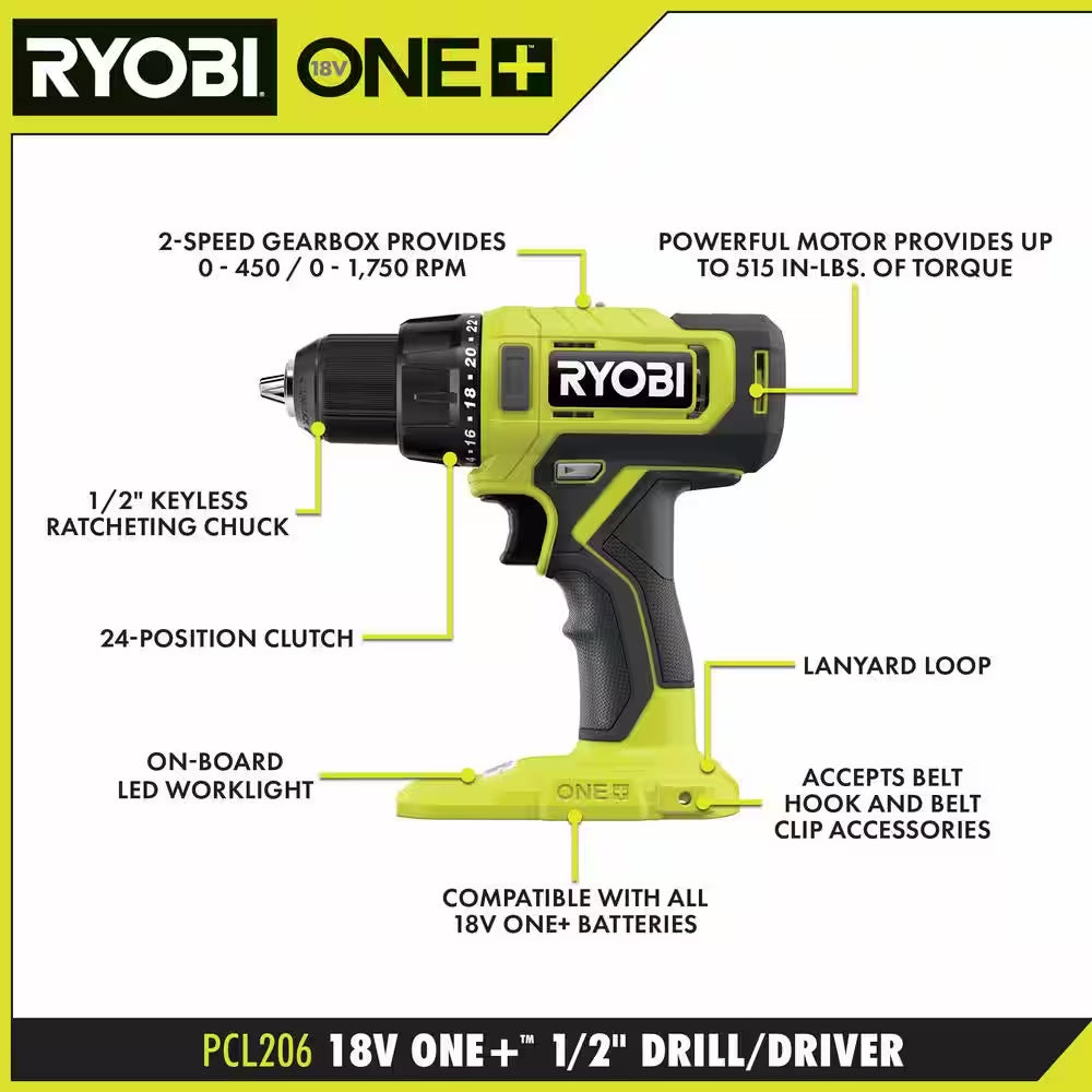 ONE+ 18V Cordless 2-Tool Combo Kit W/ 1/2 In. Drill/Driver, 16-Gauge Finish Nailer, (2) 1.5 Ah Batteries, and Charger