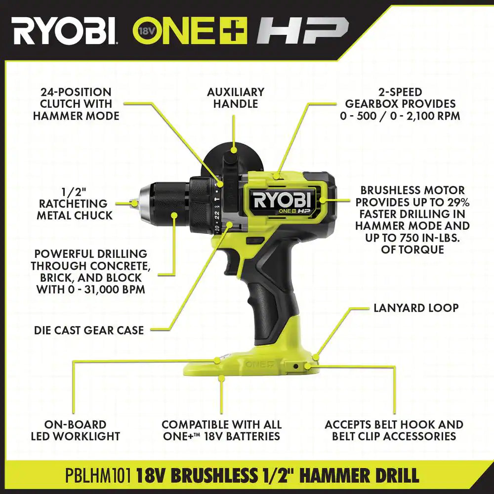 ONE+ HP 18V Brushless Cordless 1/2 In. Hammer Drill and 1/4 in 4-Mode Impact Driver Kit W/ (2) Batteries, Charger, & Bag