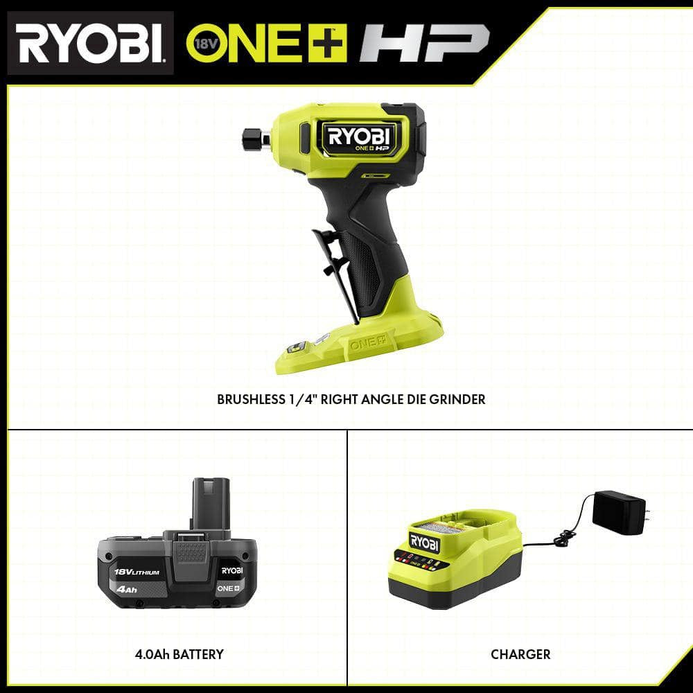 ONE+ HP 18V Brushless Cordless Compact 1/4 In. Right Angle Grinder Kit with (1) 4.0 Ah Battery and Charger