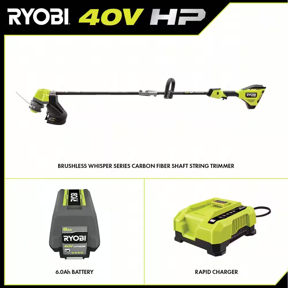 40V HP Brushless Whisper Series 17 In. Cordless Battery Carbon Fiber Shaft String Trimmer W/ 6.0 Ah Battery & Charger