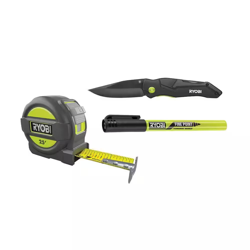 Multi-Function Folding Knife W/ 25 Ft. Tape Measure W/ Wireform Belt Clip & Black Fine Point Permanent Workshop Marker