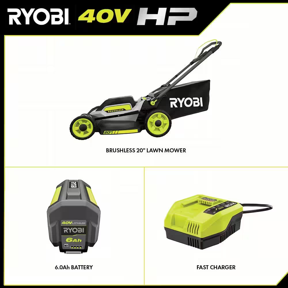 40V HP Brushless 20 In. Cordless Battery Walk behind Push Mower with 6.0 Ah Battery and Charger